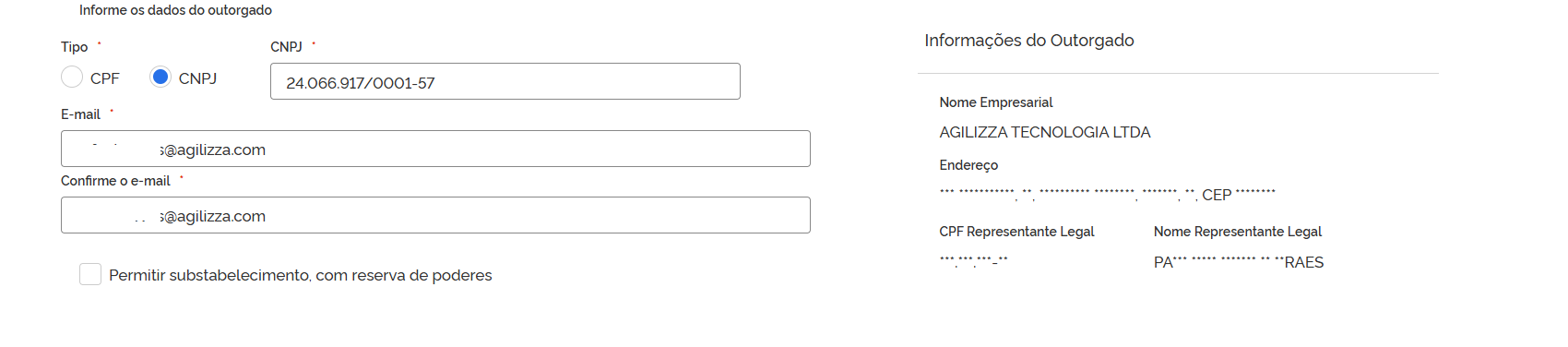 Formulário de dados do outorgado
